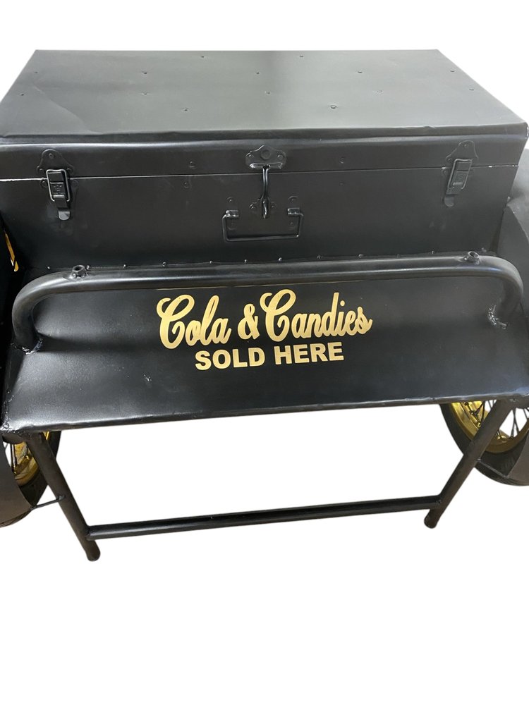 28" Black Distressed Iron Wheel End Table And Trunk Storage — view 5