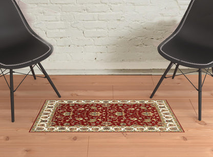 1' X 3' Red Ivory Machine Woven Floral Oriental Indoor Area Rug - 26.0" (L) x 120.0" (W) x 1.0" (H)