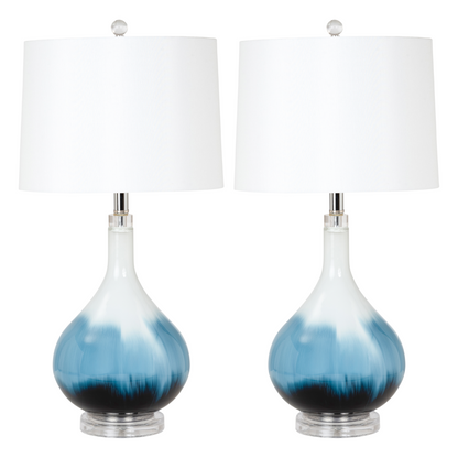 Set of Two 29" Blue and White Glass Table Lamps With White Shades