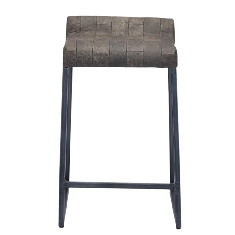 25" Brown And Black Leather And Genuine Leather And Iron Low Back Counter Height Bar Chair HomeRoots