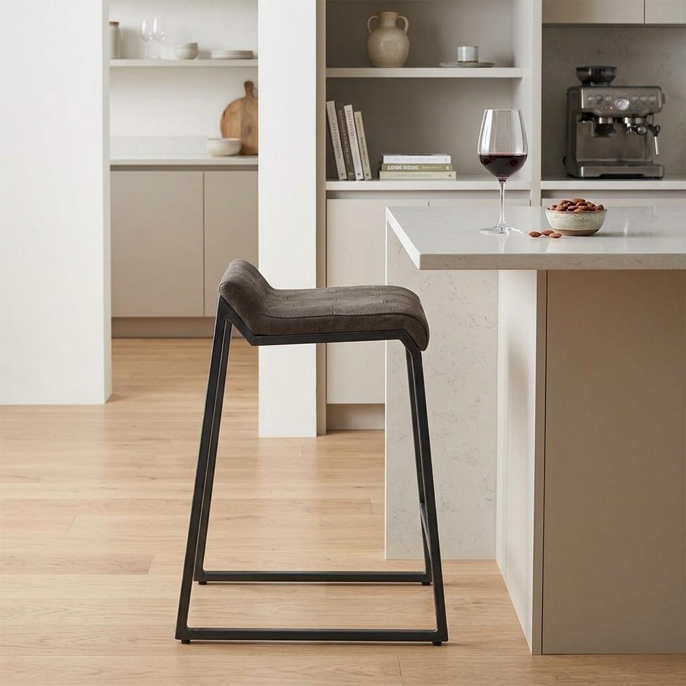 25" Brown And Black Leather And Genuine Leather And Iron Low Back Counter Height Bar Chair — view 11