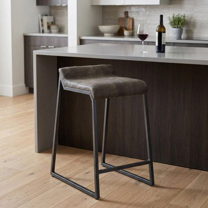 25" Brown And Black Leather And Genuine Leather And Iron Low Back Counter Height Bar Chair HomeRoots