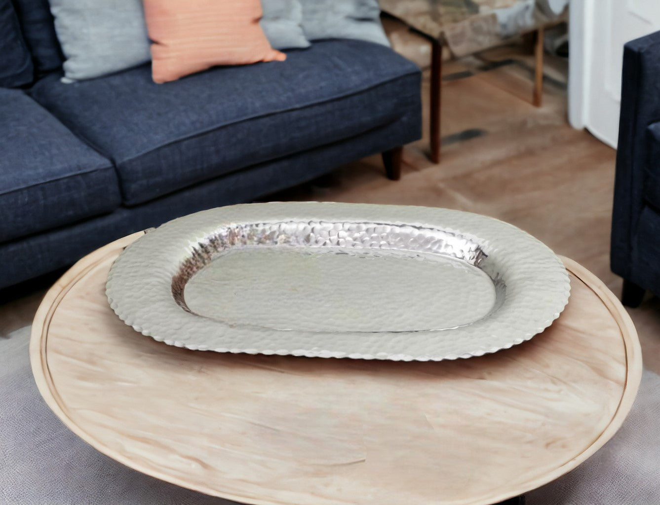 13" Silver Oval Stainless Steel Hammered Serving Tray