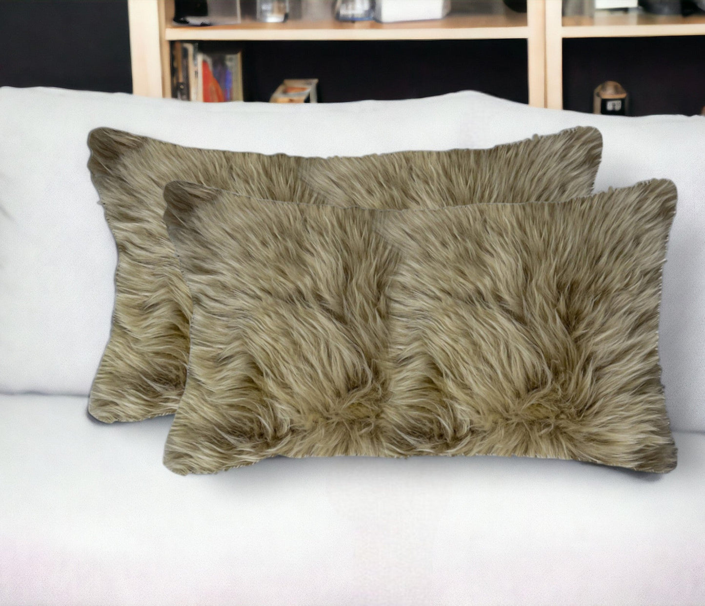 Set of Two 12" X 20" Taupe Sheepskin Lumbar Throw Pillows FurniFindUSA