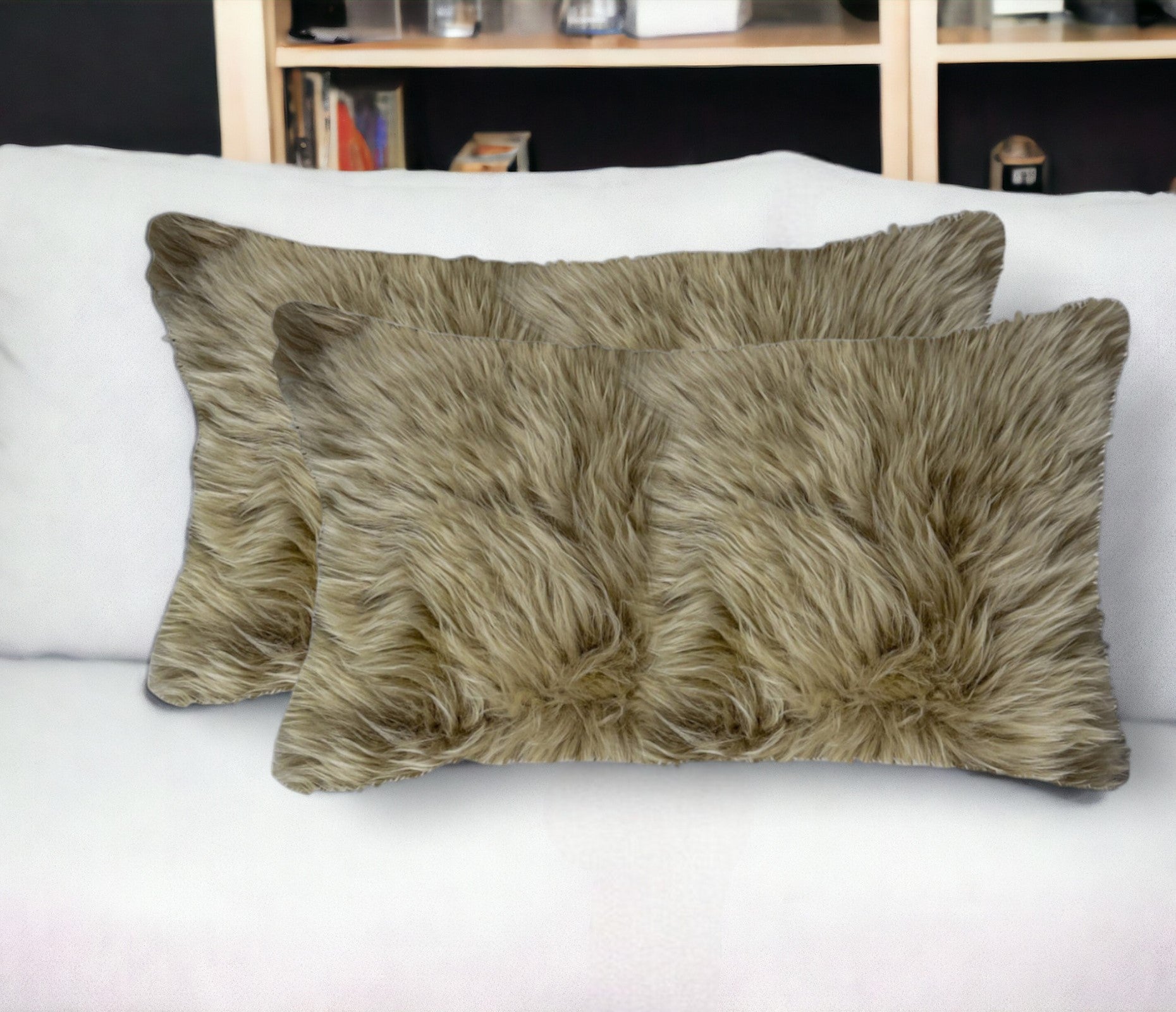 Set of Two 12" X 20" Taupe Sheepskin Lumbar Throw Pillows FurniFindUSA