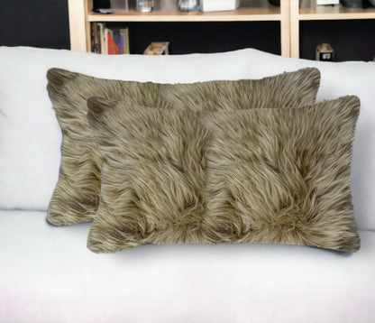 Set of Two 12" X 20" Taupe Sheepskin Lumbar Throw Pillows FurniFindUSA