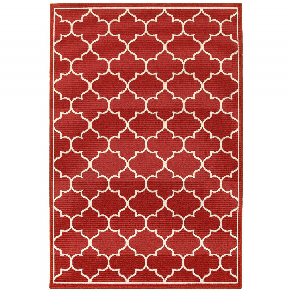 8' X 11' Red and Ivory Indoor Outdoor Area Rug