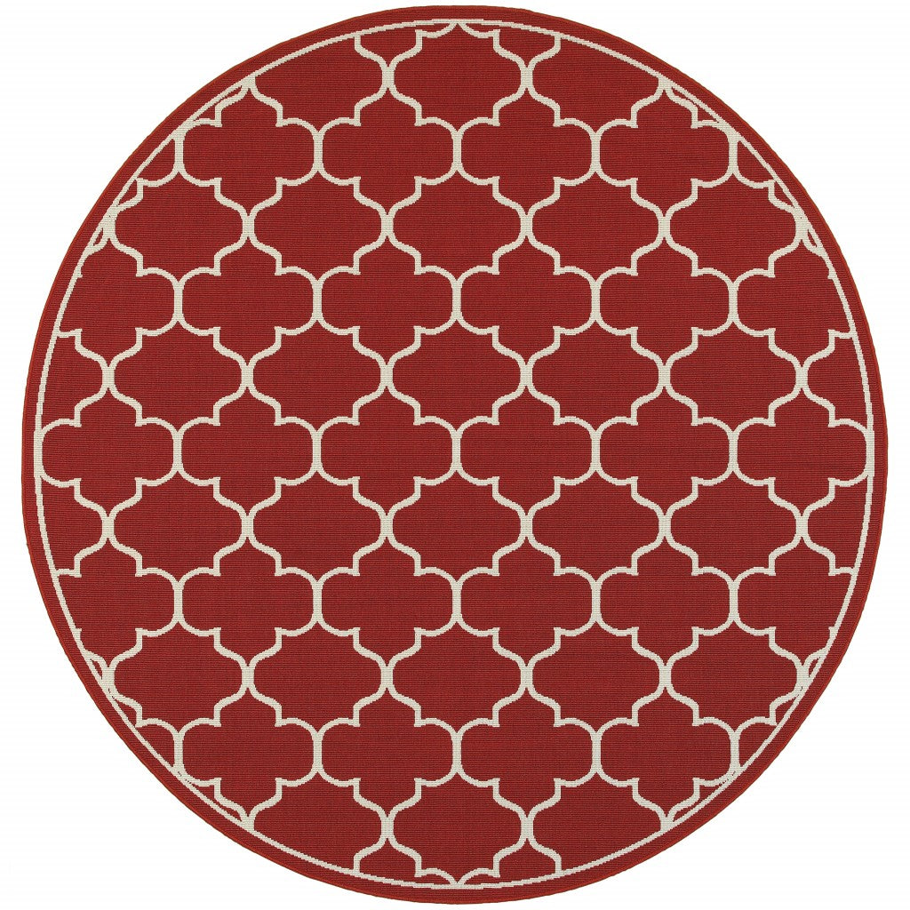 8' X 8' Red and Ivory Round Indoor Outdoor Area Rug