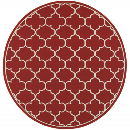 8' X 8' Red and Ivory Round Indoor Outdoor Area Rug