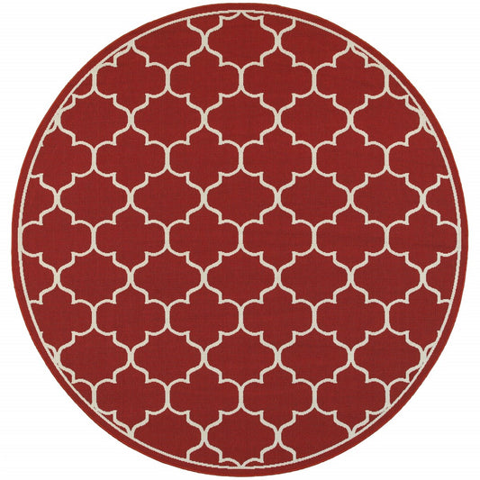 8' X 8' Red and Ivory Round Indoor Outdoor Area Rug