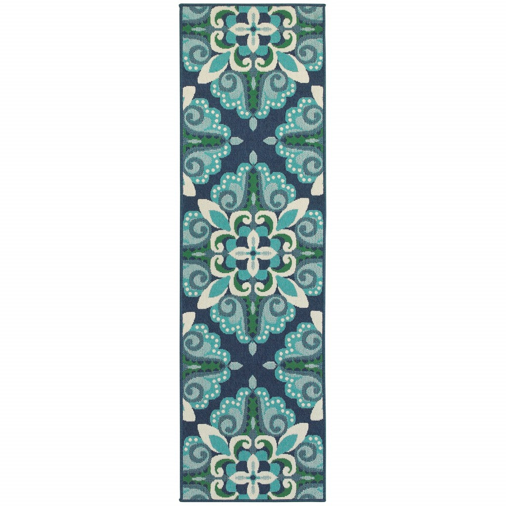 2' X 8' Blue and Green Indoor Outdoor Area Rug