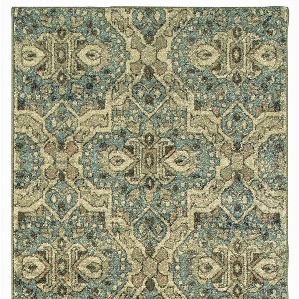 2’X8’ Ivory And Blue Geometric Runner Rug