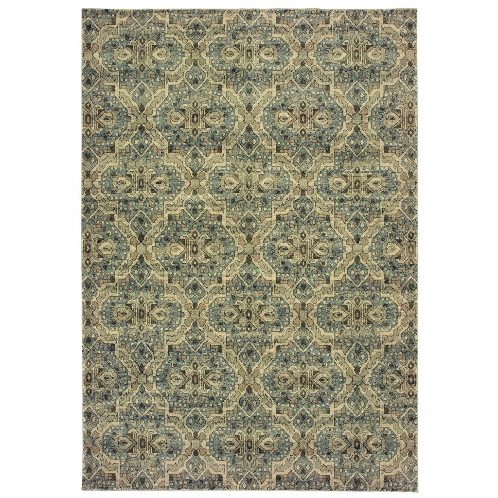 2’X8’ Ivory And Blue Geometric Runner Rug