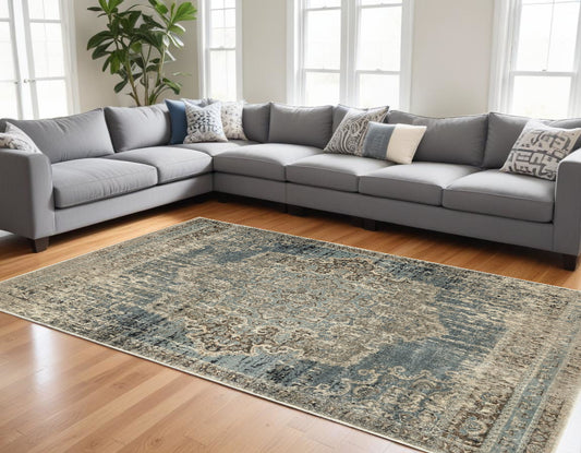 7' X 10' Blue And Ivory Medallion Area Rug - 78.74" (H) x 114.17" (W) x 0.32" (D)