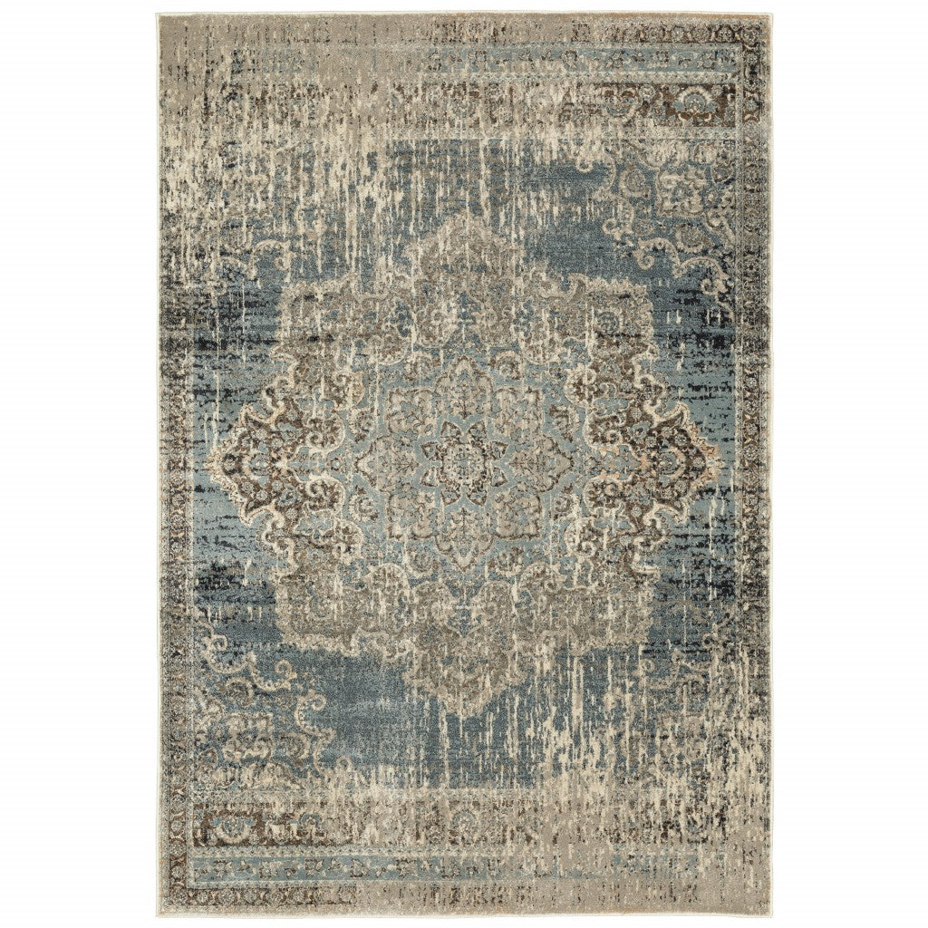 10' X 13' Blue And Ivory Medallion Area Rug - 32.0" (L) x 180.0" (W) x 0.6" (H)