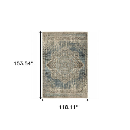 10' X 13' Blue And Ivory Medallion Area Rug - 32.0" (L) x 180.0" (W) x 0.6" (H)