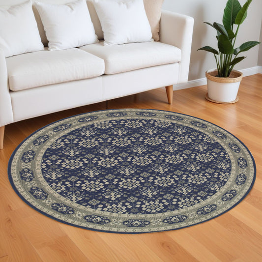 8‚Äö√Ñ√∂‚àö√ë‚àö¬• Round Navy And Gray Floral Ditsy Area Rug - 94.49" (H) x 94.49" (W) x 0.32" (D)