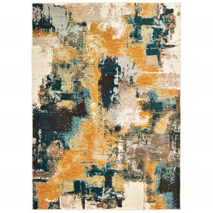 10' X 13' Blue And Gold Abstract Strokes Area Rug