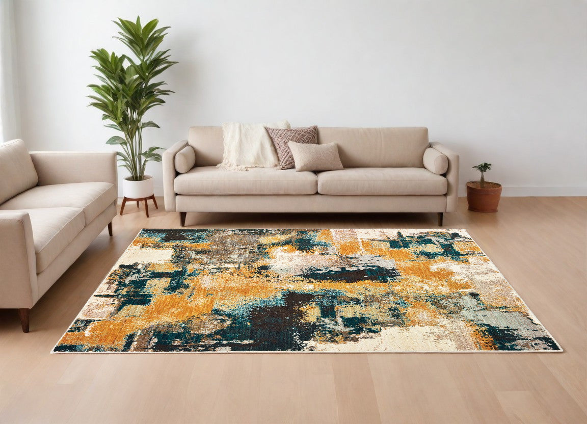 10' X 13' Blue And Gold Abstract Strokes Area Rug