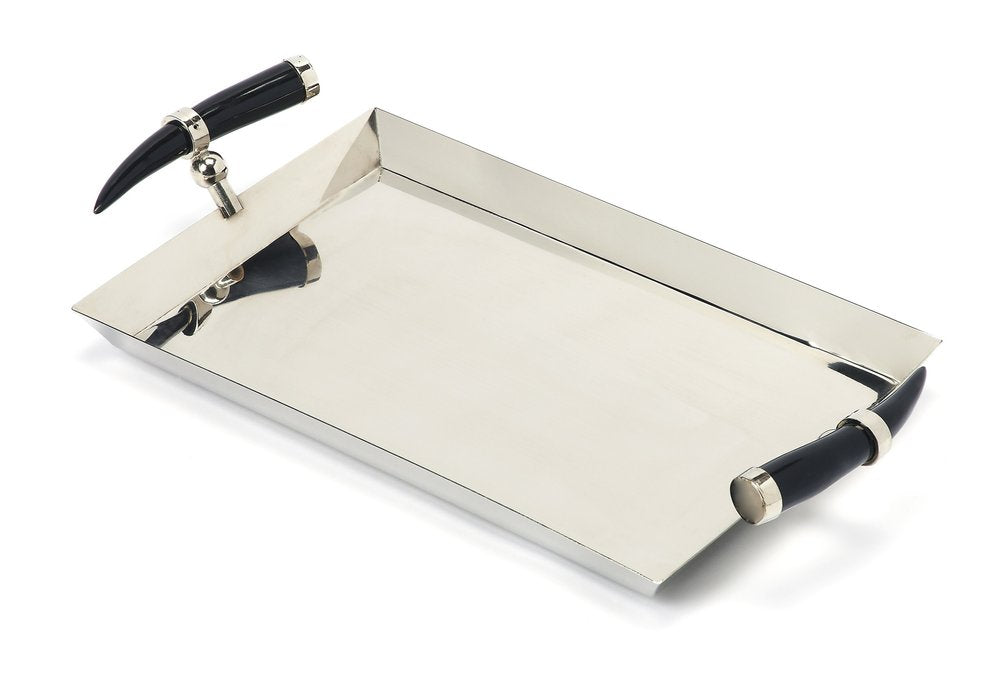 19" Silver Stainless Steel Serving Tray With Horn Handles HomeRoots