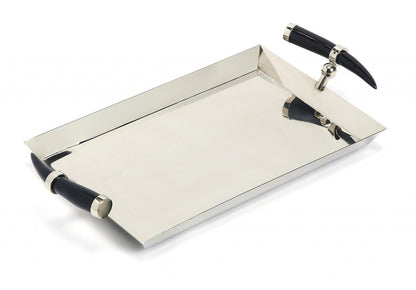 19" Silver Stainless Steel Serving Tray With Horn Handles HomeRoots