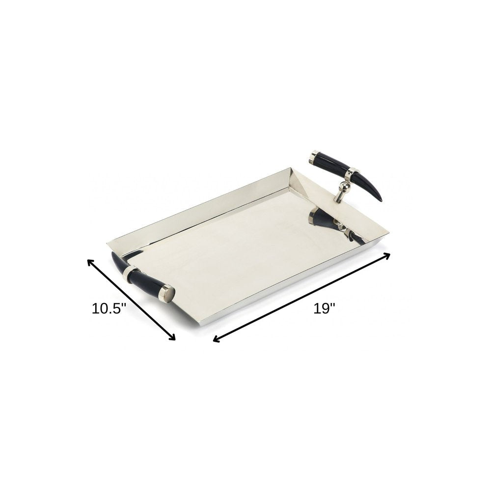 19" Silver Stainless Steel Serving Tray With Horn Handles HomeRoots