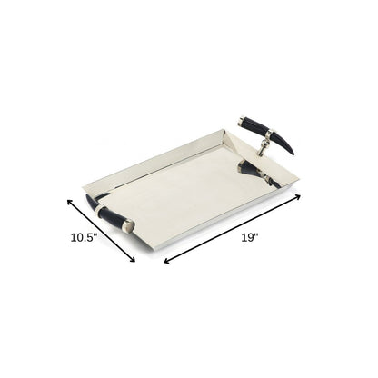 19" Silver Stainless Steel Serving Tray With Horn Handles HomeRoots