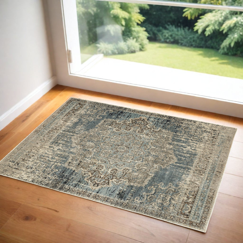 2' X 3' Blue and Ivory Power Loom Area Rug - 48.0" (L) x 72.0" (W) x 0.4" (H)