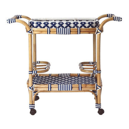 35" Navy Blue White And Natural Rolling Rattan Bar Cart HomeRoots