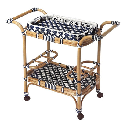 35" Navy Blue White And Natural Rolling Rattan Bar Cart HomeRoots