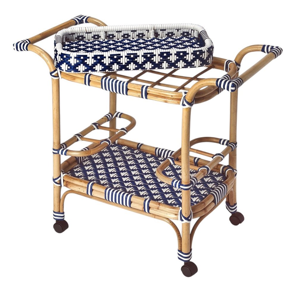 35" Navy Blue White And Natural Rolling Rattan Bar Cart HomeRoots