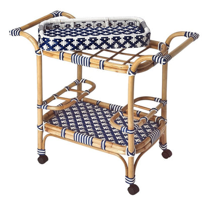 35" Navy Blue White And Natural Rolling Rattan Bar Cart HomeRoots