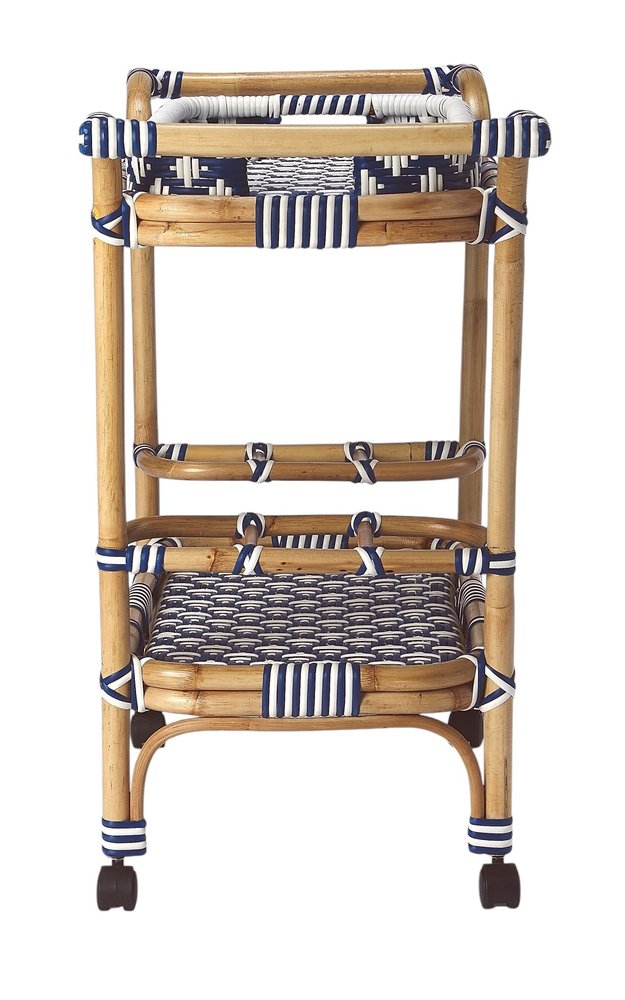 35" Navy Blue White And Natural Rolling Rattan Bar Cart HomeRoots