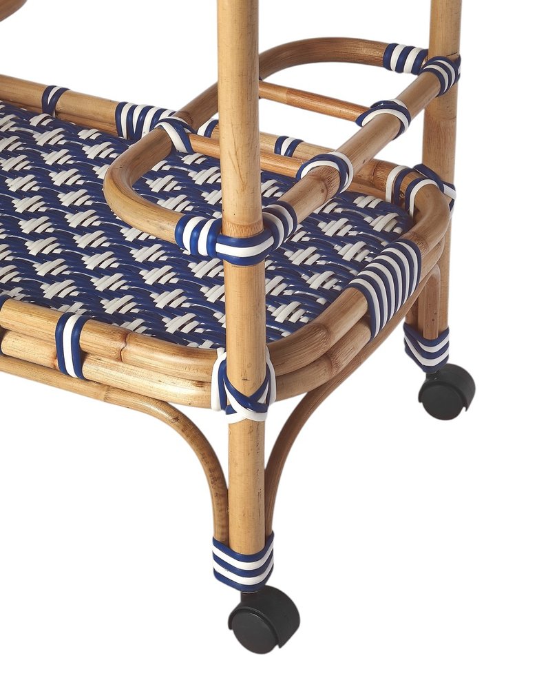 35" Navy Blue White And Natural Rolling Rattan Bar Cart HomeRoots