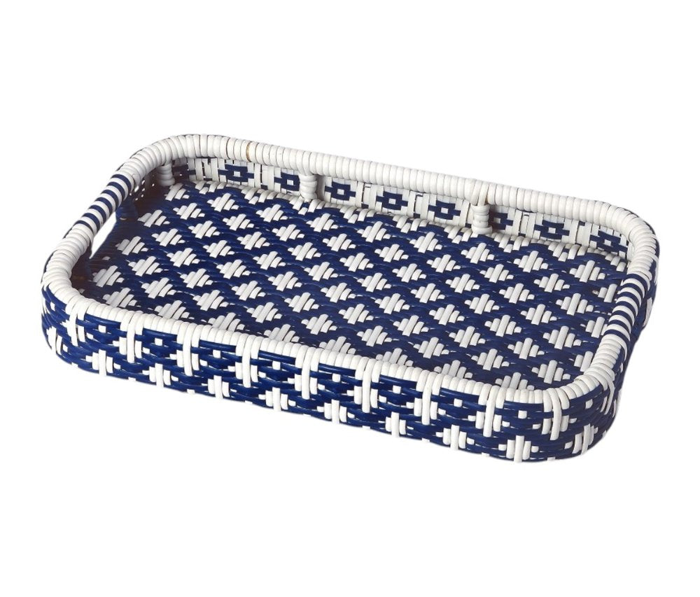 35" Navy Blue White And Natural Rolling Rattan Bar Cart HomeRoots
