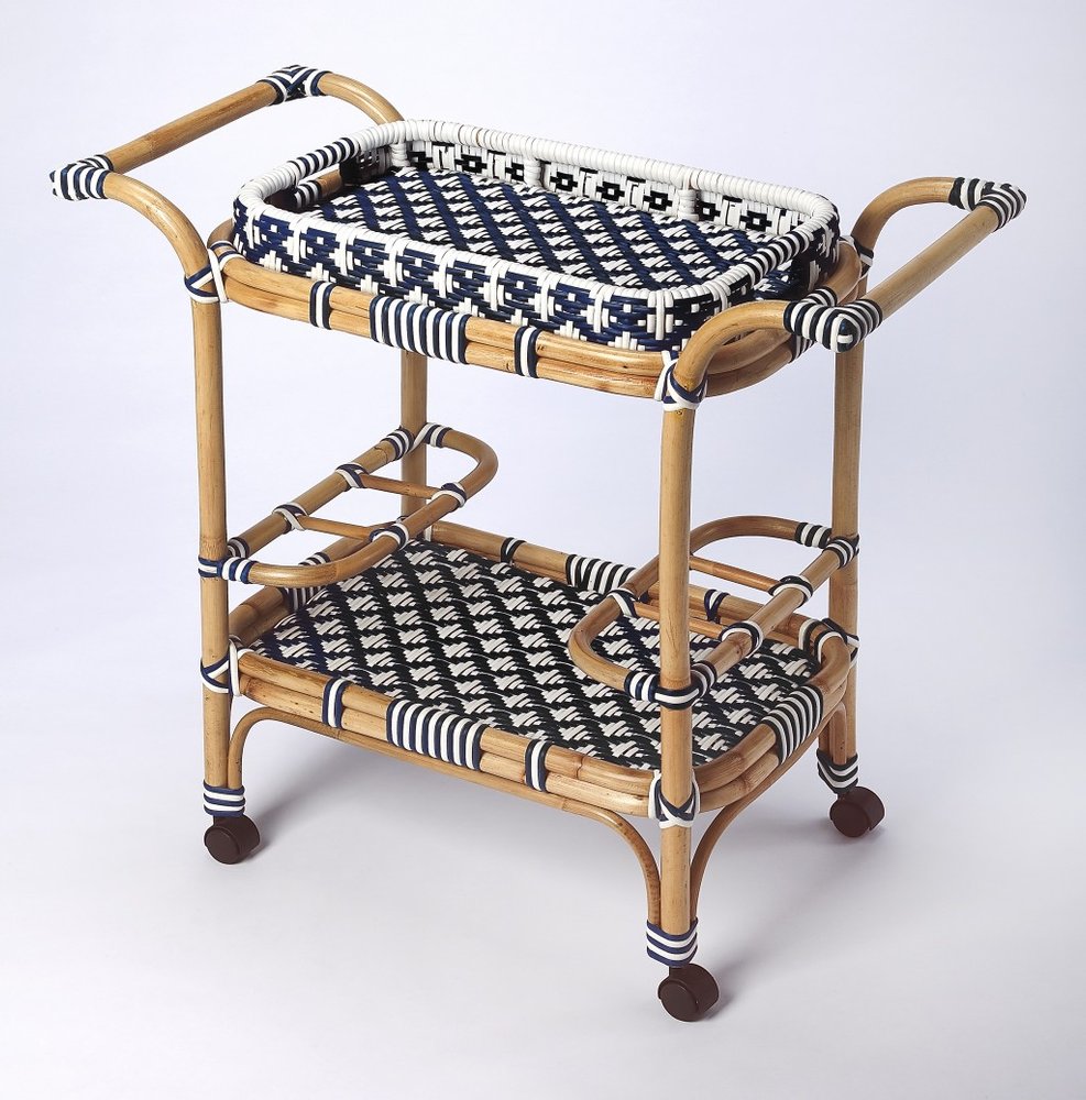 35" Navy Blue White And Natural Rolling Rattan Bar Cart HomeRoots
