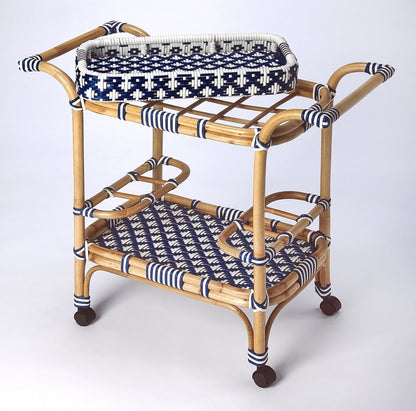 35" Navy Blue White And Natural Rolling Rattan Bar Cart HomeRoots