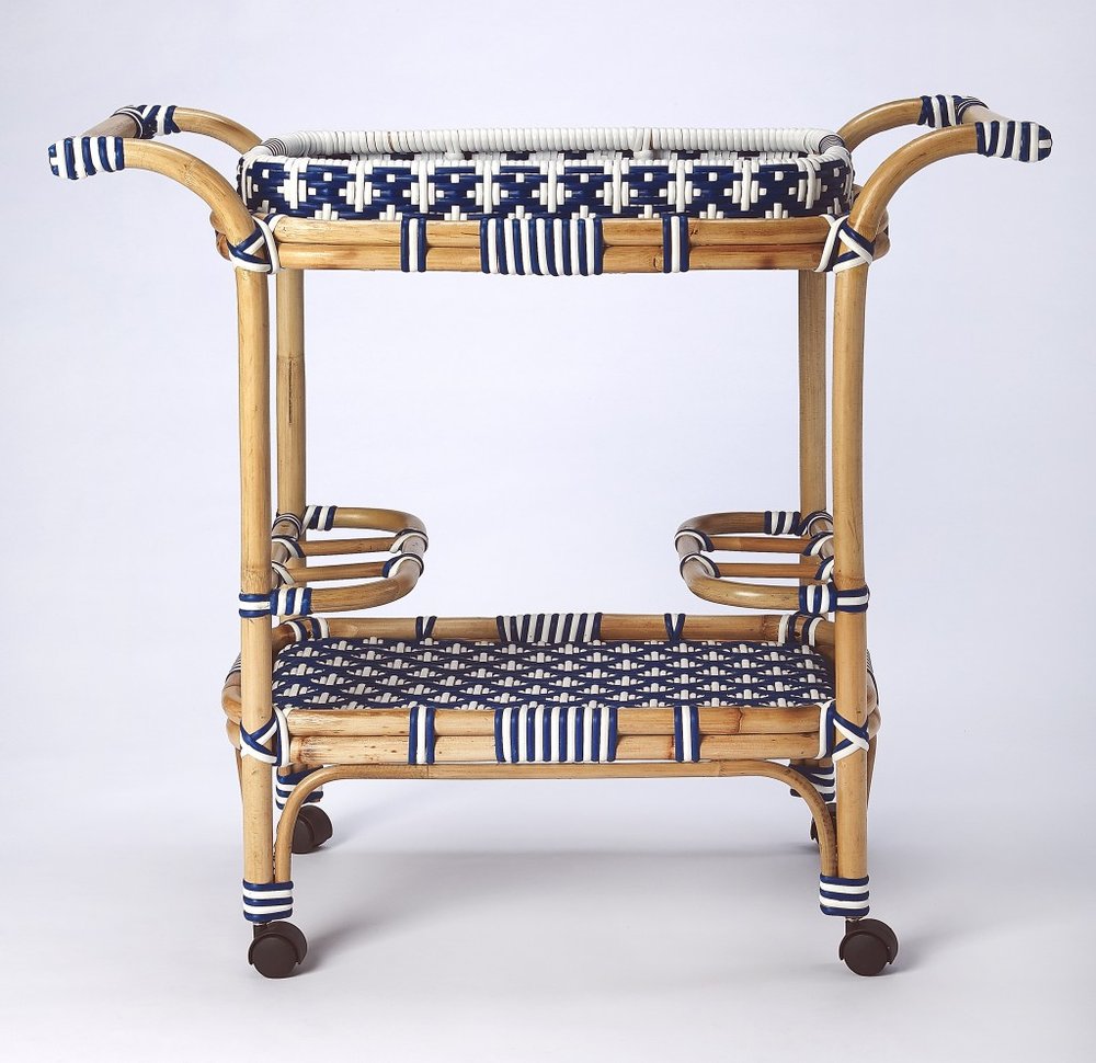 35" Navy Blue White And Natural Rolling Rattan Bar Cart HomeRoots