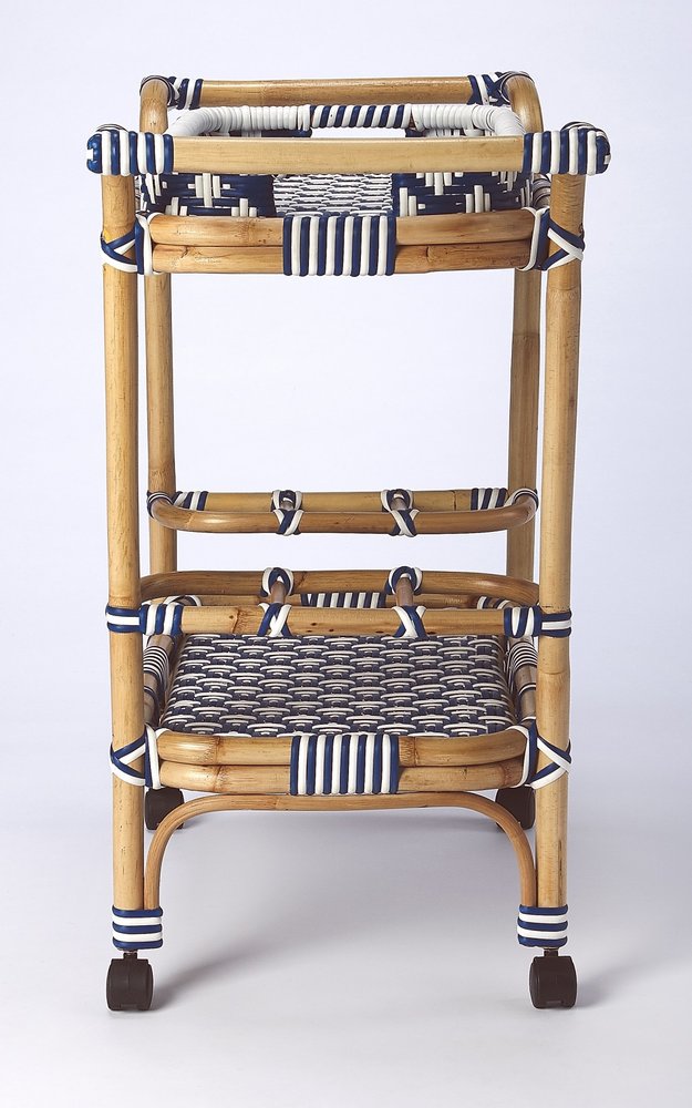 35" Navy Blue White And Natural Rolling Rattan Bar Cart HomeRoots