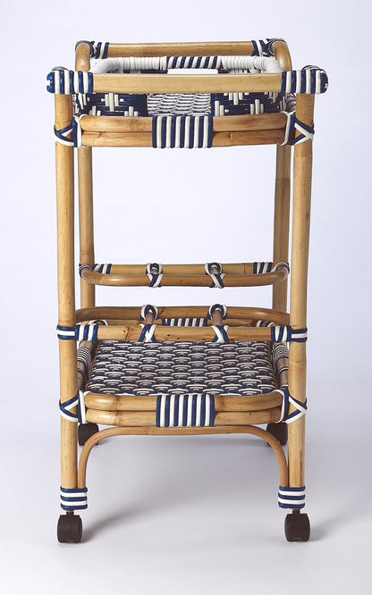 35" Navy Blue White And Natural Rolling Rattan Bar Cart HomeRoots