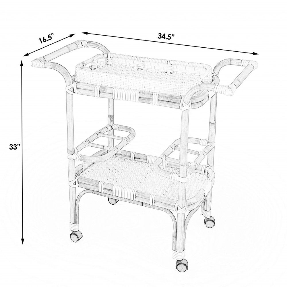 35" Navy Blue White And Natural Rolling Rattan Bar Cart HomeRoots
