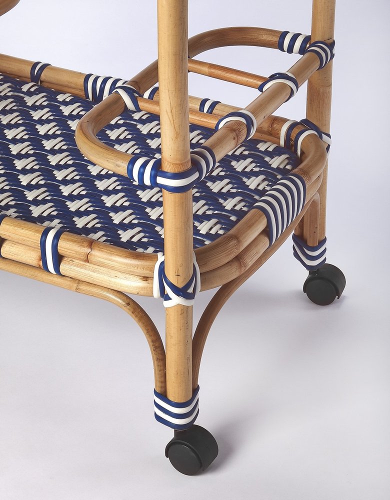 35" Navy Blue White And Natural Rolling Rattan Bar Cart HomeRoots