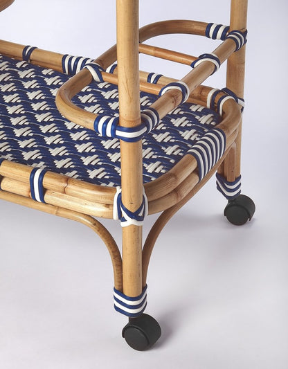 35" Navy Blue White And Natural Rolling Rattan Bar Cart HomeRoots