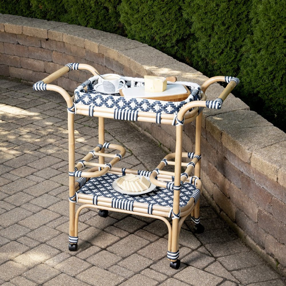 35" Navy Blue White And Natural Rolling Rattan Bar Cart HomeRoots