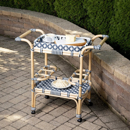 35" Navy Blue White And Natural Rolling Rattan Bar Cart HomeRoots