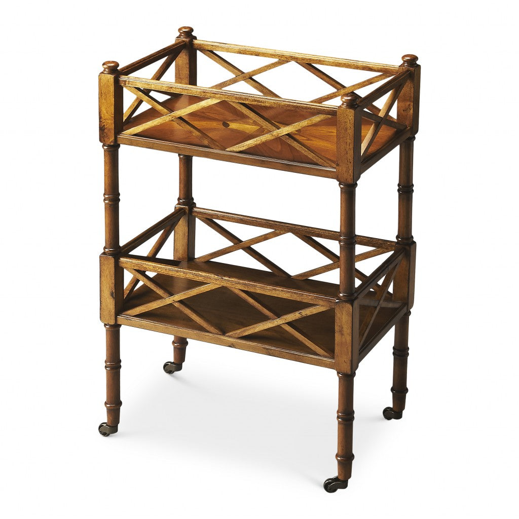 19" Golden Brown Wood Two Tier Rolling Kitchen Cart