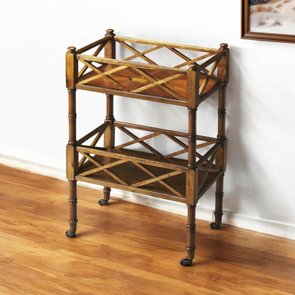 19" Golden Brown Wood Two Tier Rolling Kitchen Cart