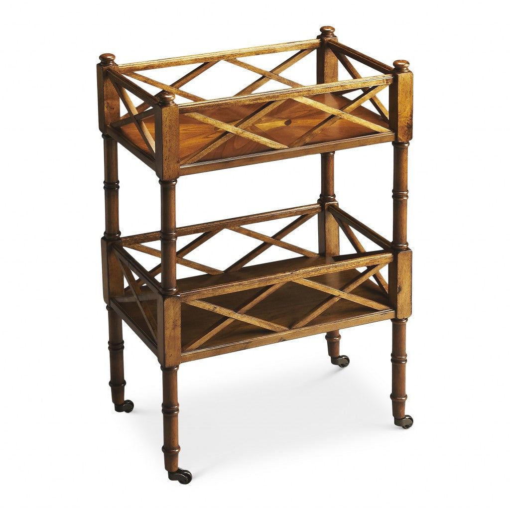 19" Golden Brown Wood Two Tier Rolling Kitchen Cart