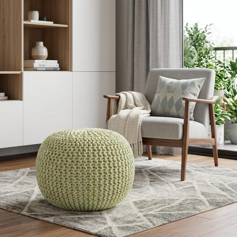 19" Green Wool Round Pouf Ottoman HomeRoots