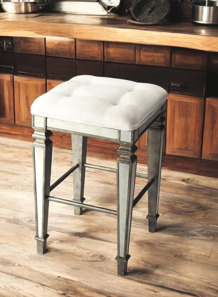 30" White and Silver Solid and Manufactured Wood Backless Counter Height Bar Chair - FurniFindUSA